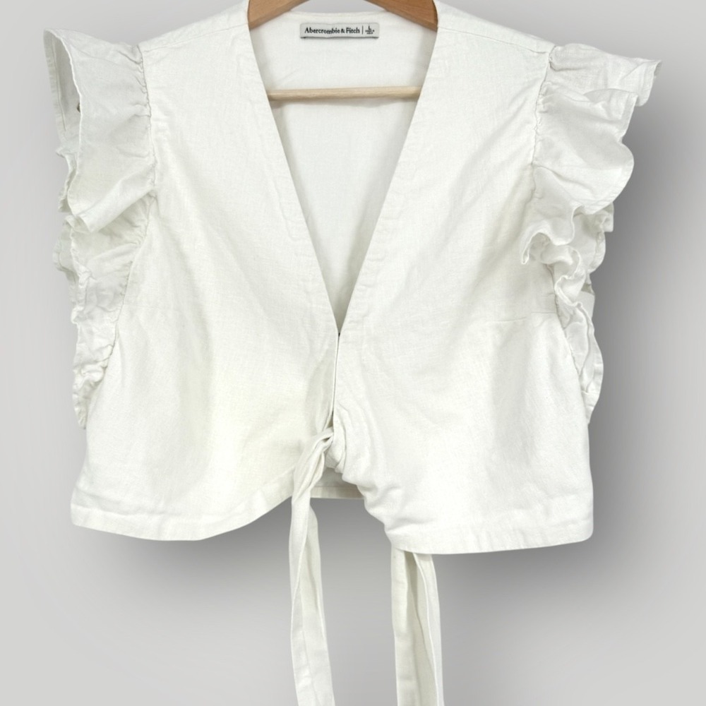 Abercrombie & Fitch White Ruffle Sleeve Linen Blend Crop Top Size L‎
